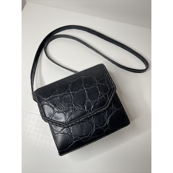 Vintage Black faux Leather Crossbody Purse snap fold over square crocodile print - Picture 2 of 12